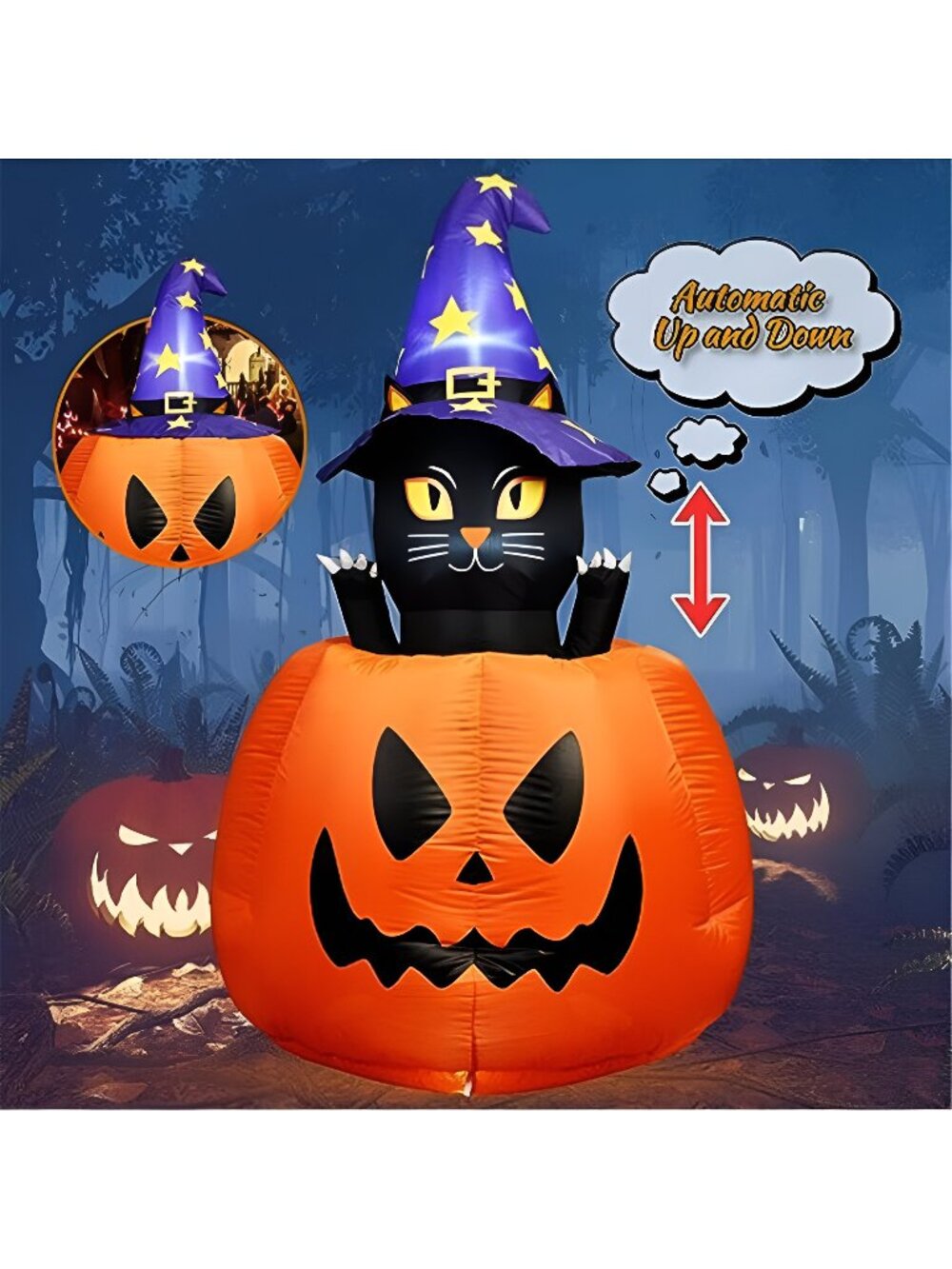 5.3 FT Halloween Inflatable Animated Witch Cat in Pumpkin, Blow Up Yard